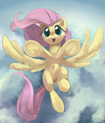 Size: 1106x1297 | Tagged: safe, artist:dotkwa, derpibooru import, fluttershy, pegasus, pony, cute, female, fluttershy day, frog (hoof), looking at you, mare, open mouth, open smile, overhead view, shyabetes, smiling, smiling at you, solo, spread wings, underhoof, windswept mane, wings