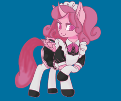 Size: 732x610 | Tagged: safe, artist:nazmataz, derpibooru import, oc, oc only, oc:hiona snowsparkle, alicorn, pony, bow, clothes, dress, female, maid, maid headdress, shoes, skirt, socks, solo, stockings, thigh highs