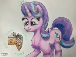 Size: 3556x2653 | Tagged: safe, artist:darkyboode32, derpibooru import, starlight glimmer, pony, unicorn, book, drawing, female, levitation, magic, mare, paper, reading, simple background, solo, spellbook, telekinesis, traditional art, white background