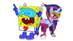 Size: 1920x1080 | Tagged: safe, artist:thxfan2022, derpibooru import, masked matter-horn, twilight sparkle, twilight sparkle (alicorn), alicorn, pony, clothes, crossover, female, male, mask, nickelodeon, power ponies, shoes, simple background, sponge, spongebob squarepants, spongebob squarepants (character), superhero, the quickster, transparent background