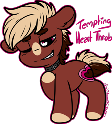 Size: 1209x1337 | Tagged: safe, artist:sexygoatgod, derpibooru import, oc, oc only, oc:tempting heartthrob, earth pony, pony, adoptable, chibi, collar, dog collar, male, simple background, solo, stallion, transparent background