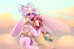 Size: 3096x2056 | Tagged: safe, derpibooru import, oc, oc:bay breeze, oc:pitch pine, earth pony, pegasus, pony, blaze (coat marking), blushing, bow, clothes, coat markings, cute, earth pony oc, eyes closed, facial markings, female, hair bow, hug, male, mare, outdoors, pegasus oc, scarf, shipping, socks (coat marking), spread wings, stallion, wings