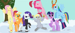 Size: 3509x1593 | Tagged: safe, artist:seshirubonsebon, derpibooru import, applejack, derpy hooves, fluttershy, pinkie pie, rainbow dash, rarity, twilight sparkle, unicorn twilight, earth pony, pegasus, pony, unicorn, antlers, clothes, food, hat, mane six, muffin, red nose, rudolph dash, scarf, smiling, snow, socks, striped scarf, striped socks, sweater, winter hat