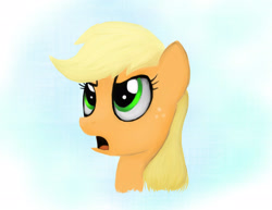 Size: 2493x1921 | Tagged: safe, artist:seshirubonsebon, derpibooru import, applejack, earth pony, pony, bust, frown, hatless, missing accessory, open mouth, solo