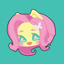 Size: 1000x1000 | Tagged: safe, artist:ushigow, derpibooru import, part of a set, fluttershy, human, equestria girls, blush sticker, blushing, bust, butterfly hairpin, chibi, eared humanization, green background, head only, humanized, simple background, solo