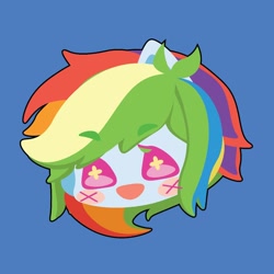 Size: 1000x1000 | Tagged: safe, artist:ushigow, derpibooru import, part of a set, rainbow dash, human, equestria girls, blue background, blush sticker, blushing, bust, chibi, eared humanization, head only, humanized, simple background, solo