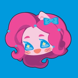 Size: 1000x1000 | Tagged: safe, artist:ushigow, derpibooru import, part of a set, pinkie pie, human, equestria girls, blue background, blush sticker, blushing, bow, bust, chibi, eared humanization, hair bow, head only, humanized, simple background, solo