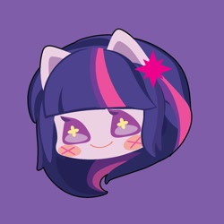 Size: 1000x1000 | Tagged: safe, artist:ushigow, derpibooru import, part of a set, twilight sparkle, human, equestria girls, blush sticker, blushing, bust, chibi, cutie mark accessory, cutie mark hair accessory, eared humanization, hair accessory, head only, humanized, purple background, simple background, solo