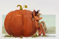 Size: 3335x2232 | Tagged: safe, artist:horsewizardart, artist:inkhooves, derpibooru import, applejack, earth pony, pony, anatomically incorrect, female, giant food, grin, incorrect leg anatomy, lidded eyes, mare, pumpkin, smiling, solo