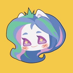 Size: 1000x1000 | Tagged: safe, artist:ushigow, derpibooru import, part of a set, princess celestia, human, equestria girls, blush sticker, blushing, bust, chibi, eared humanization, head only, humanized, simple background, solo, yellow background