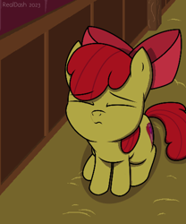 Size: 834x1004 | Tagged: safe, artist:realdash, derpibooru import, apple bloom, earth pony, pony, adorabloom, apple bloom's bow, barn, bow, cute, eye clipping through hair, eyes closed, female, filly, foal, hair bow, hay, sitting, sleeping, solo, the cmc's cutie marks