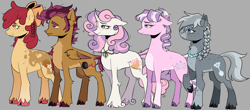 Size: 2348x1030 | Tagged: safe, artist:zowwyroo, derpibooru import, apple bloom, diamond tiara, scootaloo, silver spoon, sweetie belle, earth pony, pegasus, pony, unicorn, alternate cutie mark, bow, braid, cloven hooves, cutie mark crusaders, ear piercing, earring, glasses, gray background, hair bow, jewelry, male, necklace, nose piercing, nose ring, piercing, simple background, trans male, transgender, unshorn fetlocks