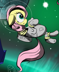 Size: 1584x1921 | Tagged: dead source, safe, artist:hereticofdune, derpibooru import, edit, fluttershy, pegasus, pony, cropped, space, space helmet, spacesuit, stars