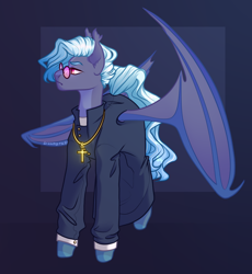 Size: 3122x3392 | Tagged: safe, artist:dreamyrat, derpibooru import, oc, oc only, bat pony, pony, undead, vampire, bat pony oc, bat wings, blue mane, clothes, commission, cross, ear fluff, ears, glasses, male, pink eyes, priest, simple background, solo, stallion, wings