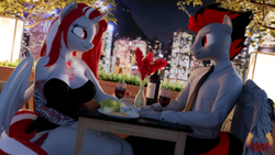 Size: 3840x2160 | Tagged: safe, artist:loveslove, derpibooru import, oc, oc only, oc:lovers, alicorn, anthro, bat pony, hybrid, unicorn, 3d, alcohol, alicorn oc, bat ears, bat pony oc, bat pony unicorn, bat wings, blurry background, bottle, breasts, busty oc, cheese, city, clothes, date, duo, duo male and female, female, flower, folded wings, food, glass, grapes, high res, horn, jewelry, lamp, looking at each other, looking at someone, male, nail polish, necklace, necktie, romantic, smiling, smiling at each other, strawberry, tail, tattoo, wine, wine bottle, wine glass, wings