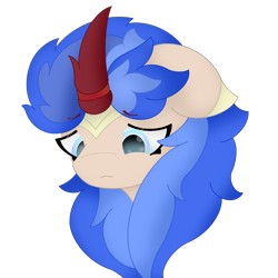 Size: 1080x1080 | Tagged: safe, artist:sodapop sprays, derpibooru import, oc, oc only, oc:cobalt flame, kirin, pony, bust, kirin oc, sad, simple background, solo, transparent background