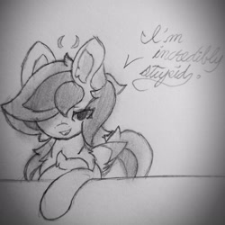 Size: 2818x2818 | Tagged: safe, artist:sodapop sprays, derpibooru import, oc, oc:sodapop sprays, pegasus, pony, chest fluff, ear fluff, ears, half body, looking at you, monochrome, photo, shadow, smiling, smiling at you, solo, stupid, talking, traditional art