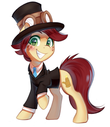 Size: 663x768 | Tagged: artist needed, safe, derpibooru import, oc, oc:canni soda, earth pony, pony, blazer, clothes, cravat, cute, feminism, goggles, hat, looking at you, raised hoof, raised leg, shirt, simple background, smiling, smiling at you, solo, steampunk, suit, top hat, transparent background