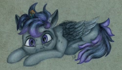 Size: 2310x1320 | Tagged: safe, artist:myzanil, derpibooru import, oc, oc only, oc:scribble, oc:skittle, pegasus, pony, behaving like a cat, colored pencil drawing, ears up, folded wings, lying down, micro, mottled coat, protecting, staring at you, startled, traditional art, wings