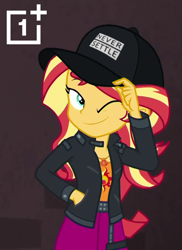 Size: 678x930 | Tagged: safe, derpibooru import, edit, edited screencap, editor:nyrikiri, screencap, sunset shimmer, better together, display of affection, equestria girls, cap, female, flanksy, hat, never settle, one eye closed, oneplus, solo, wink