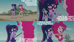 Size: 2000x1125 | Tagged: safe, derpibooru import, edit, edited screencap, editor:quoterific, screencap, sci-twi, twilight sparkle, better together, equestria girls, friendship math, clothes, one-piece swimsuit, pinkie pie swimsuit, sci-twi swimsuit, swimsuit