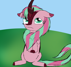 Size: 1800x1700 | Tagged: safe, artist:the crystal artist, derpibooru exclusive, derpibooru import, oc, oc only, oc:minty (crystal), kirin, cloven hooves, cute, ears, female, floppy ears, kirin oc, kirn, looking up, mare, missing accessory, no shading, raised hoof, raised leg, sad, sitting, solo