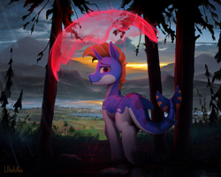 Size: 3500x2798 | Tagged: safe, artist:uliovka, derpibooru import, oc, oc only, original species, unicorn, forest, lake, looking at you, looking back, magic, magic aura, morning, mountain, rain, scenery, solo, water