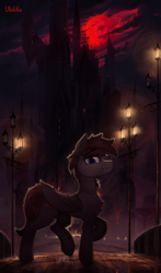 Size: 2059x3500 | Tagged: safe, artist:uliovka, derpibooru import, oc, oc only, bat pony, pony, blood moon, castle, looking at you, moon, night, scenery