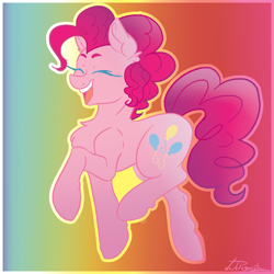 Size: 2000x2000 | Tagged: safe, artist:dankpegasista, derpibooru exclusive, derpibooru import, pinkie pie, earth pony, pony, big tail, chest fluff, colored lineart, colorful, curly hair, curly mane, cute, diapinkes, ear fluff, ears, eyebrows, eyes closed, female, fluffy hair, full body, gradient background, gradient mane, happy, high res, jumping, krita, long eyelashes, mare, open mouth, open smile, outline, pink coat, pink mane, png, rainbow background, raised hoof, raised leg, signature, simple, simple background, simple shading, smiling, solo, tail, three quarter view, walking, wall of tags, wide smile