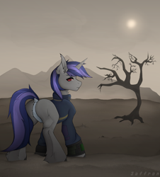 Size: 1900x2100 | Tagged: safe, artist:rarafox, derpibooru import, oc, oc only, oc:dreaming star, bat pony, hybrid, unicorn, fallout equestria, bat pony unicorn, butt, clothes, commission, dead tree, fangs, horn, jumpsuit, looking back, male, pale belly, pipbuck, plot, red eyes, solo, stallion, tree, vault suit, wasteland, ych result