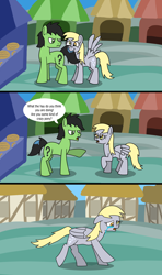 Size: 1920x3240 | Tagged: safe, artist:platinumdrop, derpibooru import, derpy hooves, oc, oc:anon, oc:anon stallion, earth pony, pegasus, pony, biting, comic, commission, crying, drool, female, food stand, house, houses, male, mare, ponyville, running, sad, scolding, speech bubble, spread wings, stallion, tail, tail bite, wings