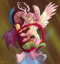 Size: 2160x2274 | Tagged: safe, artist:inky_sparrow, derpibooru import, discord, fluttershy, draconequus, pegasus, pony, abstract background, colored wings, digital art, discoshy, duo, duo male and female, eye contact, eyebrows, female, flower, flower in hair, gradient wings, high res, looking at each other, looking at someone, male, mare, mismatched wings, older, older fluttershy, shipping, signature, smiling, smiling at each other, spread wings, straight, wings