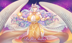 Size: 2519x1500 | Tagged: safe, artist:rajas_ledies, derpibooru import, princess celestia, alicorn, anthro, absolute cleavage, big breasts, breasts, cleavage, clothes, dress, female, huge breasts, jewelry, large wings, moon, princess breastia, solo, stars, sun, thighs, wide hips, wings