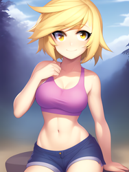 Size: 1020x1360 | Tagged: safe, derpibooru import, editor:sammykun, generator:stable diffusion, machine learning generated, derpy hooves, human, bare shoulders, belly button, breasts, clothes, cloud, denim, denim shorts, derpy loaves, forest, humanized, looking at you, midriff, sexy, shorts, sitting, sky, tanktop, thighs