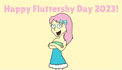 Size: 691x394 | Tagged: safe, artist:xxsteamboy, derpibooru import, fluttershy, equestria girls, 2023, crossed arms, female, fluttershy day, goanimate, looking at you, open mouth, simple background, smiling, solo, vyond, yellow background