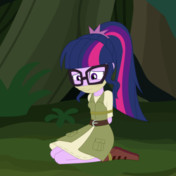 Size: 2000x2000 | Tagged: safe, artist:splendidbondage, derpibooru import, sci-twi, twilight sparkle, human, equestria girls, adventurer, bondage, boots, bound and gagged, breasts, cloth gag, clothes, dress, gag, glasses, hairpin, jungle, shirt, shoes, solo, tied up, tree