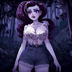 Size: 900x900 | Tagged: safe, derpibooru import, generator:stable diffusion, machine learning generated, rarity, human, equestria girls, legend of everfree, belt, big breasts, blouse, breasts, clothes, denim, denim shorts, female, forest, humanized, night, raritits, shorts, solo, standing