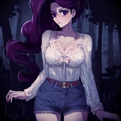 Size: 900x900 | Tagged: safe, derpibooru import, generator:stable diffusion, machine learning generated, rarity, human, equestria girls, legend of everfree, belt, big breasts, blouse, breasts, cleavage, clothes, denim, denim shorts, female, forest, humanized, looking at you, night, raritits, shorts, solo, standing