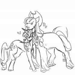 Size: 2048x2048 | Tagged: safe, artist:rare-apples, derpibooru import, applejack, rarity, earth pony, pony, unicorn, 2d, digital art, duo, female, hat, height difference, horn, lesbian, mare, monochrome, nuzzling, rarijack, shipping, short, simple background, sketch, smiling, tall, white background