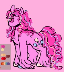 Size: 1555x1747 | Tagged: safe, artist:rare-apples, derpibooru import, pinkie pie, earth pony, pony, 2d, colored, digital art, female, fetlock tuft, mare, redesign, reference sheet, sketch, smiling, solo, unshorn fetlocks