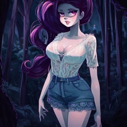 Size: 900x900 | Tagged: safe, derpibooru import, generator:stable diffusion, machine learning generated, rarity, human, equestria girls, legend of everfree, big breasts, blouse, breasts, cleavage, clothes, denim, denim shorts, female, forest, humanized, looking at you, night, raritits, shorts, solo, wrong eye color