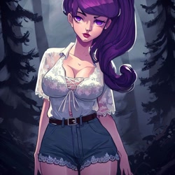 Size: 900x900 | Tagged: safe, derpibooru import, generator:stable diffusion, machine learning generated, rarity, equestria girls, legend of everfree, alternate hairstyle, belt, big breasts, blouse, breasts, cleavage, clothes, denim, denim shorts, female, forest, night, ponytail, raritits, shorts, solo