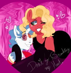 Size: 1500x1560 | Tagged: safe, artist:dsstoner, big macintosh, fancypants, earth pony, pony, unicorn, clothes, crossdressing, ear piercing, earring, elton john, heart, heart eyes, jewelry, makeup, musical instrument, one eye closed, orchard blossom, piano, piercing, song reference, sunglasses, wingding eyes