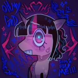 Size: 1440x1440 | Tagged: safe, artist:ariariari.png, derpibooru import, twilight sparkle, unicorn twilight, pony, unicorn, furrowed brow, looking at you, lyrics, solo, staring at you, staring into your soul, sweat, sweatdrops, text