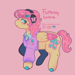 Size: 1440x1440 | Tagged: safe, artist:ariariari.png, derpibooru import, fluttershy, oc, pegasus, pony, alternate cutie mark, alternate hairstyle, asexual, asexual pride flag, colored hooves, colored wings, hairclip, headphones, kinsona, mouthpiece, neopronouns, neurodivergent, pink background, pins, ponysona, pride, pride flag, pronouns, simple background, solo, sweater vest, two toned wings, wings