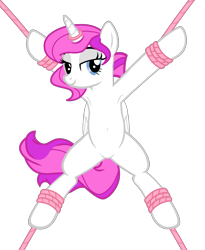 Size: 3495x4259 | Tagged: safe, artist:equestria secret guard, artist:rumblemlpatarster, derpibooru import, oc, oc only, oc:snow field, alicorn, pony, alicorn oc, armpits, bedroom eyes, belly, belly button, bondage, featureless crotch, female, helpless, horn, horn ring, looking at you, lying down, magic suppression, mare, medibang paint, not pipp petals, ring, rope, rope bondage, sexy, show accurate, simple background, solo, spread eagle, spread legs, spread wings, spreading, transparent background, wings