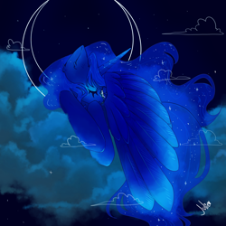 Size: 1810x1810 | Tagged: safe, artist:julieee3e, derpibooru import, princess luna, alicorn, pony, crescent moon, eyes closed, fanart, female, mare, moon, sleeping, solo