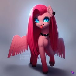 Size: 512x512 | Tagged: safe, ai content, derpibooru import, generator:purplesmart.ai, generator:stable diffusion, machine learning generated, pinkie pie, pegasus, pony, :p, female, pegasus pinkie pie, piercing, pinkamena diane pie, race swap, raised hoof, raised leg, solo, spread wings, tongue, tongue out, wings