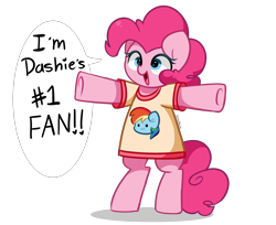 Size: 4256x3473 | Tagged: safe, artist:kittyrosie, derpibooru import, pinkie pie, rainbow dash, earth pony, pony, :3, bipedal, clothes, cute, dashabetes, diapinkes, female, implied lesbian, implied pinkiedash, implied shipping, mare, open mouth, open smile, shirt, simple background, smiling, solo, t-shirt, transparent background