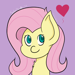 Size: 3000x3000 | Tagged: safe, artist:solardoodles, derpibooru import, fluttershy, pegasus, pony, bust, chest fluff, cute, floating heart, heart, portrait, purple background, shading, shyabetes, signature, simple background, smiling, solo